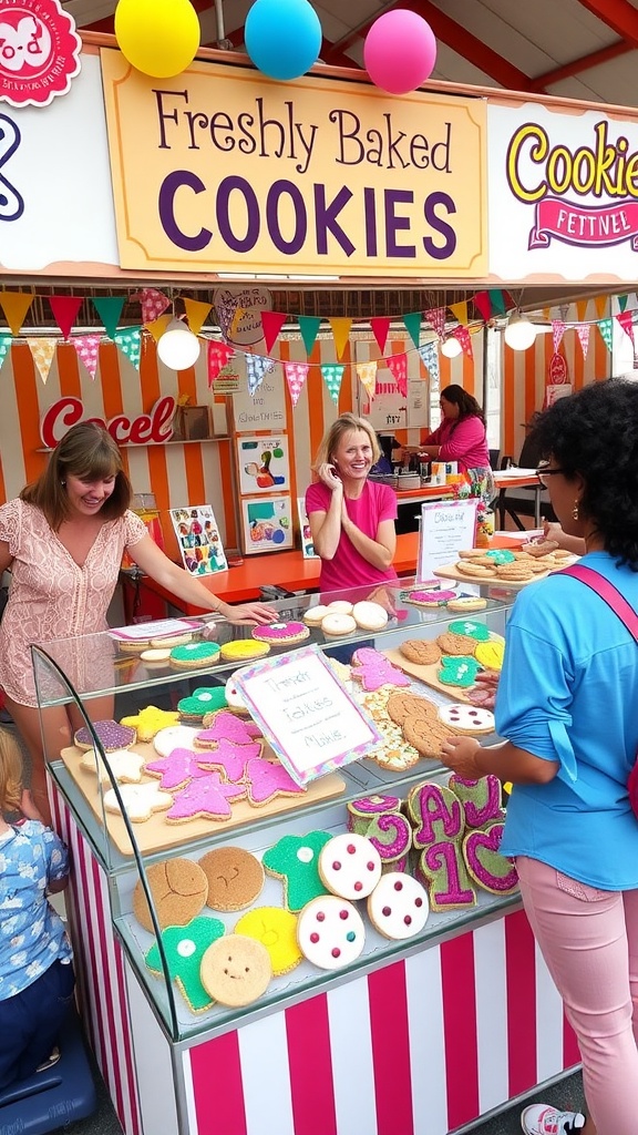 A lively cookie vendor booth with various cookies on display and customers enjoying the experience.